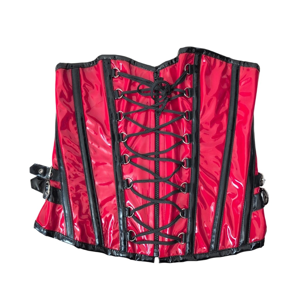 Burleska Red Vinyl Black Trim Corset Lace Up Buckle Women's XL Steampunk Goth